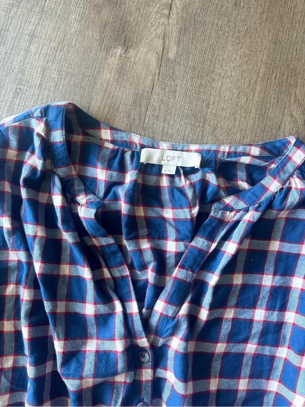 Loft Blue Plaid Midi Length Drawstring Top